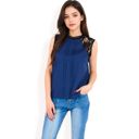 Blue Large Women's Sleeveless Blouse with Lace Yoke and Pleated Front