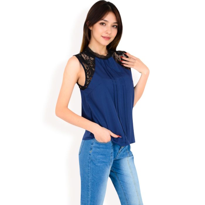 Women's Sleeveless Blouse with Lace Yoke and Pleated Front