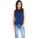 Blue Large Women's Sleeveless Blouse with Lace Yoke and Pleated Front