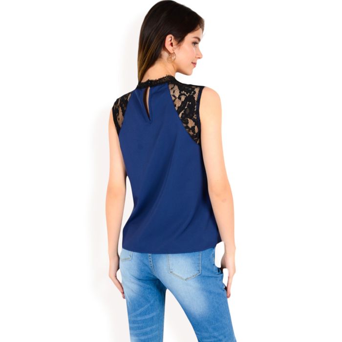 Women's Sleeveless Blouse with Lace Yoke and Pleated Front