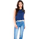 Blue Medium Women's Sleeveless Blouse with Lace Yoke and Pleated Front