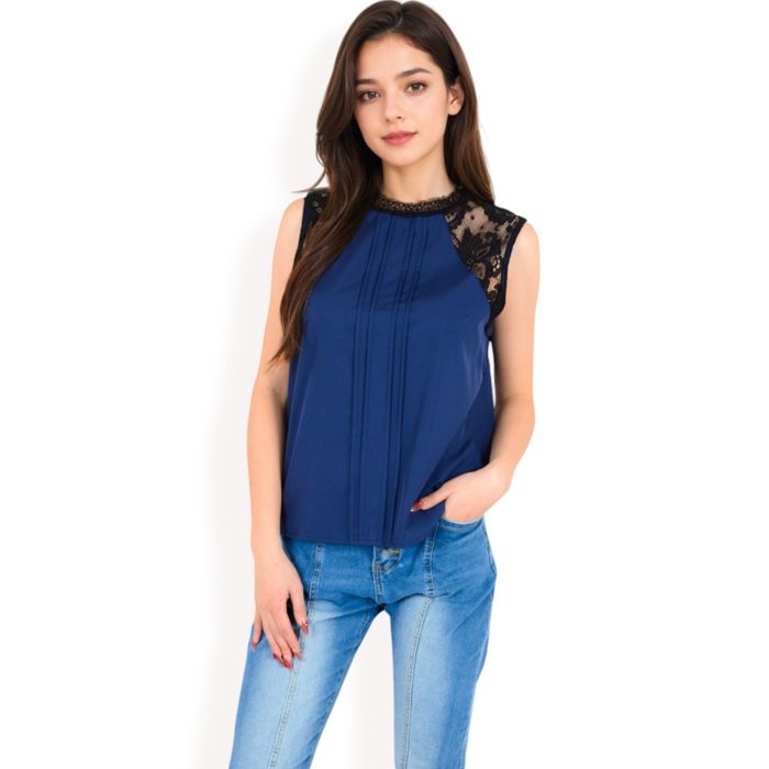 Women's Sleeveless Blouse with Lace Yoke and Pleated Front