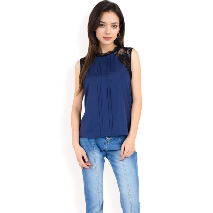 Women's Sleeveless Blouse with Lace Yoke and Pleated Front