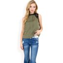 Green Large Women's Sleeveless Blouse with Lace Yoke and Pleated Front