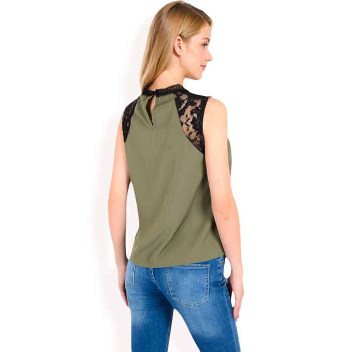 Women's Sleeveless Blouse with Lace Yoke and Pleated Front