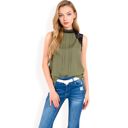 Green Large Women's Sleeveless Blouse with Lace Yoke and Pleated Front