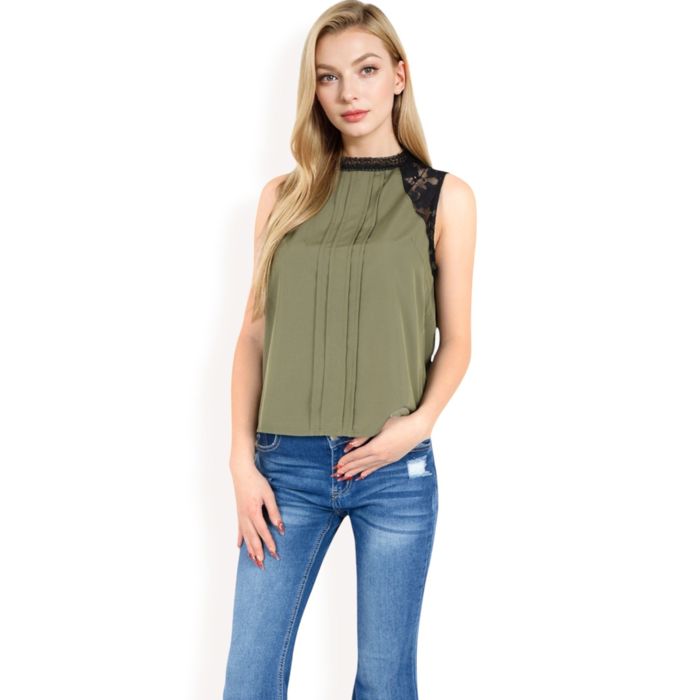 Women's Sleeveless Blouse with Lace Yoke and Pleated Front