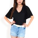  Women's V-Neck Blouse with Pleated Chiffon Flutter Sleeves