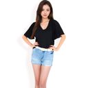 Black Large Women's V-Neck Blouse with Pleated Chiffon Flutter Sleeves