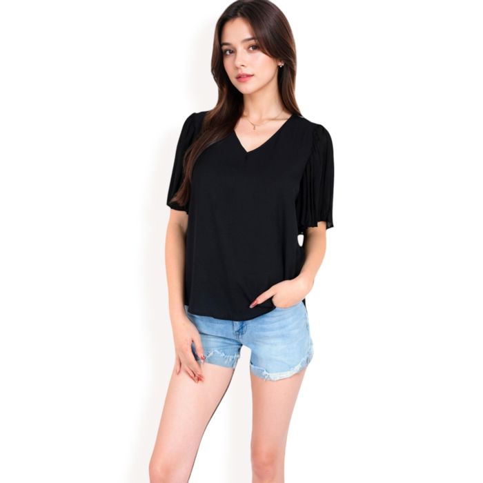 Women's V-Neck Blouse with Pleated Chiffon Flutter Sleeves