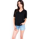 Black Large Women's V-Neck Blouse with Pleated Chiffon Flutter Sleeves