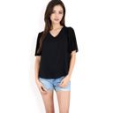 Black Large Women's V-Neck Blouse with Pleated Chiffon Flutter Sleeves