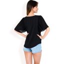 Black Large Women's V-Neck Blouse with Pleated Chiffon Flutter Sleeves