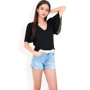 Black Large Women's V-Neck Blouse with Pleated Chiffon Flutter Sleeves