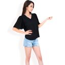 Black Large Women's V-Neck Blouse with Pleated Chiffon Flutter Sleeves