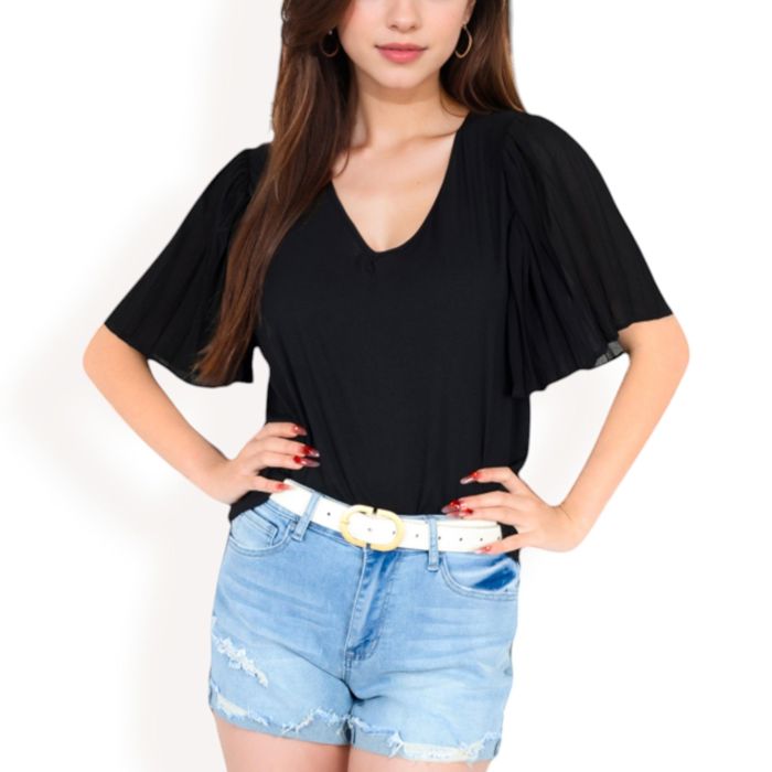 Women's V-Neck Blouse with Pleated Chiffon Flutter Sleeves