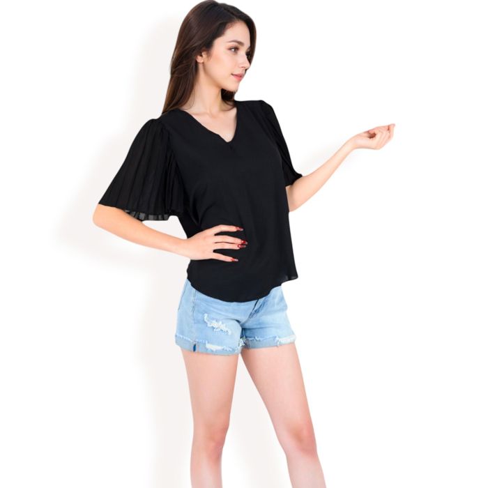 Women's V-Neck Blouse with Pleated Chiffon Flutter Sleeves