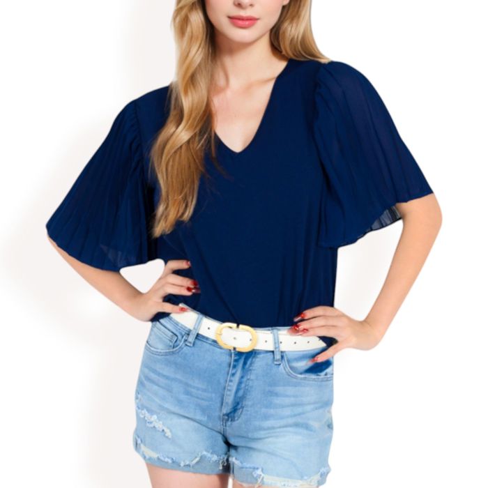 Women's V-Neck Blouse with Pleated Chiffon Flutter Sleeves