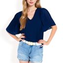 Blue Large Women's V-Neck Blouse with Pleated Chiffon Flutter Sleeves