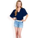 Blue Large Women's V-Neck Blouse with Pleated Chiffon Flutter Sleeves