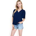 Blue Large Women's V-Neck Blouse with Pleated Chiffon Flutter Sleeves