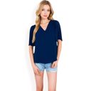 Blue Large Women's V-Neck Blouse with Pleated Chiffon Flutter Sleeves