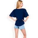 Blue Large Women's V-Neck Blouse with Pleated Chiffon Flutter Sleeves