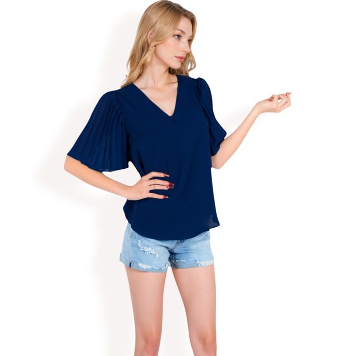 Women's V-Neck Blouse with Pleated Chiffon Flutter Sleeves