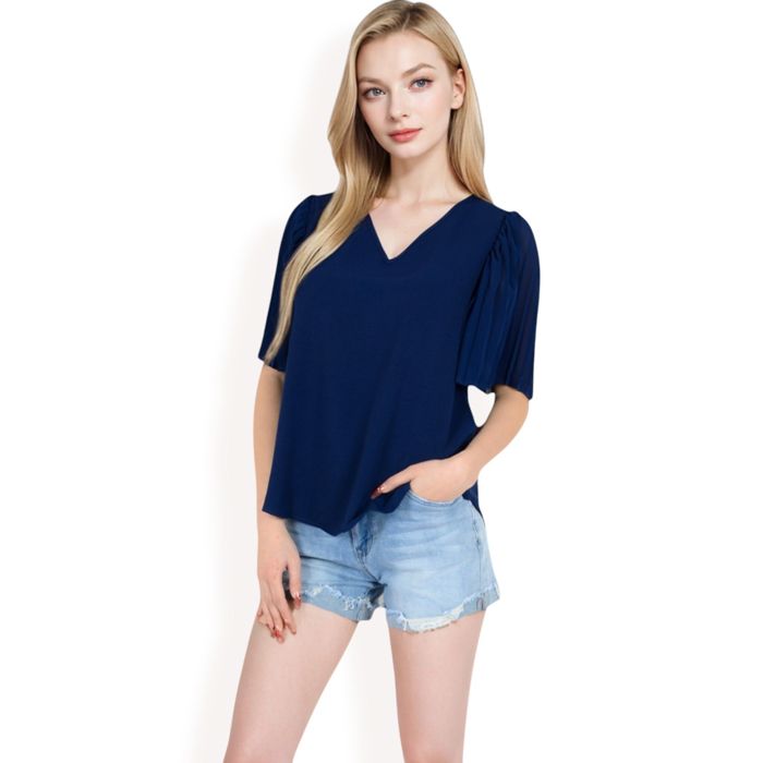 Women's V-Neck Blouse with Pleated Chiffon Flutter Sleeves