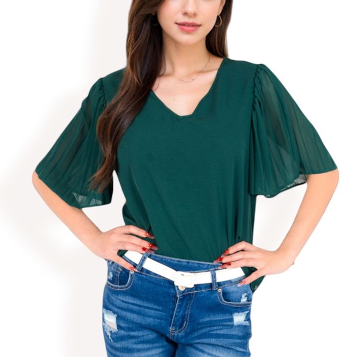 Women's V-Neck Blouse with Pleated Chiffon Flutter Sleeves