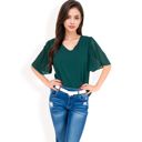 Green Large Women's V-Neck Blouse with Pleated Chiffon Flutter Sleeves