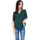 Green Large Women's V-Neck Blouse with Pleated Chiffon Flutter Sleeves