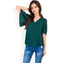 Green Large Women's V-Neck Blouse with Pleated Chiffon Flutter Sleeves