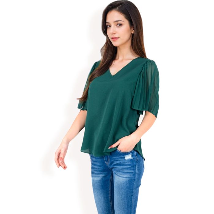 Women's V-Neck Blouse with Pleated Chiffon Flutter Sleeves