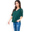 Green Large Women's V-Neck Blouse with Pleated Chiffon Flutter Sleeves