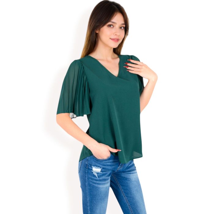 Women's V-Neck Blouse with Pleated Chiffon Flutter Sleeves