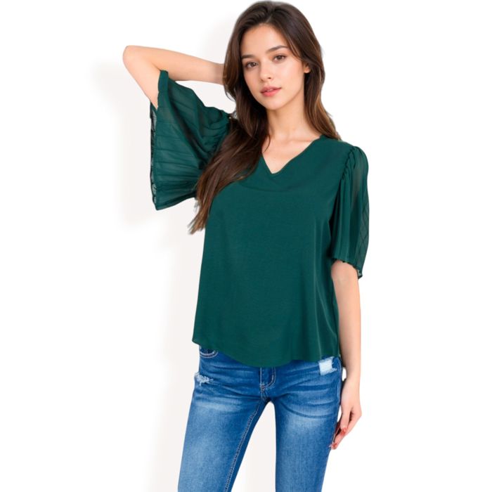 Women's V-Neck Blouse with Pleated Chiffon Flutter Sleeves