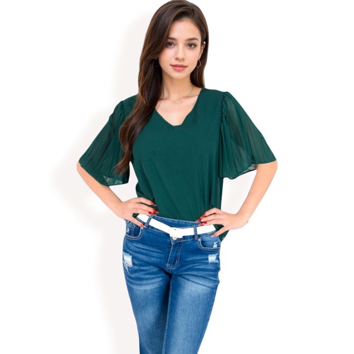 Women's V-Neck Blouse with Pleated Chiffon Flutter Sleeves