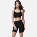 Black Small Women's Seamless Ribbed Sports Bra with Scoop Neck and Wide Straps