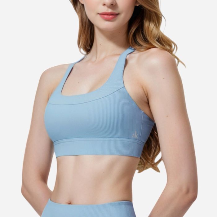 Women's Seamless Ribbed Sports Bra with Scoop Neck and Wide Straps