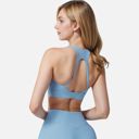 Blue Small Women's Seamless Ribbed Sports Bra with Scoop Neck and Wide Straps