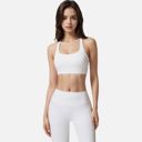 White Medium Women's Seamless Ribbed Sports Bra with Scoop Neck and Wide Straps