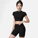 Black Medium Women's Short Sleeve Ribbed Crop Top with Crew Neck and Stretch Fabric