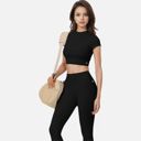 Black Medium Women's Short Sleeve Ribbed Crop Top with Crew Neck and Stretch Fabric