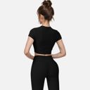 Black Small Women's Short Sleeve Ribbed Crop Top with Crew Neck and Stretch Fabric