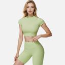 Green Large Women's Short Sleeve Ribbed Crop Top with Crew Neck and Stretch Fabric