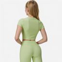 Green Large Women's Short Sleeve Ribbed Crop Top with Crew Neck and Stretch Fabric