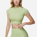 Green Medium Women's Short Sleeve Ribbed Crop Top with Crew Neck and Stretch Fabric