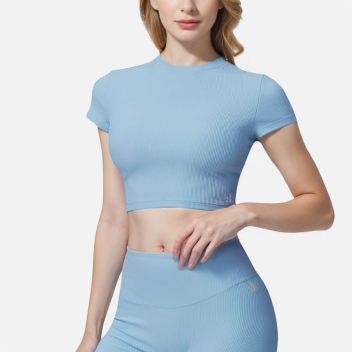 Women's Short Sleeve Ribbed Crop Top with Crew Neck and Stretch Fabric