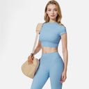 Blue Medium Women's Short Sleeve Ribbed Crop Top with Crew Neck and Stretch Fabric